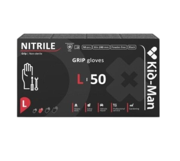 Vienkartinės nitrilinės pirštinės Kid-Man GRIP juodos, 50 vnt. L ir XL dydžiai